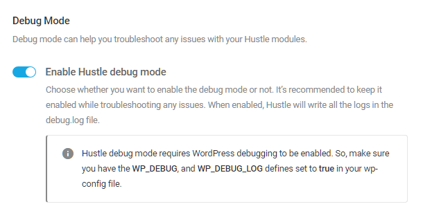 Enable debug mode in Hustle settings