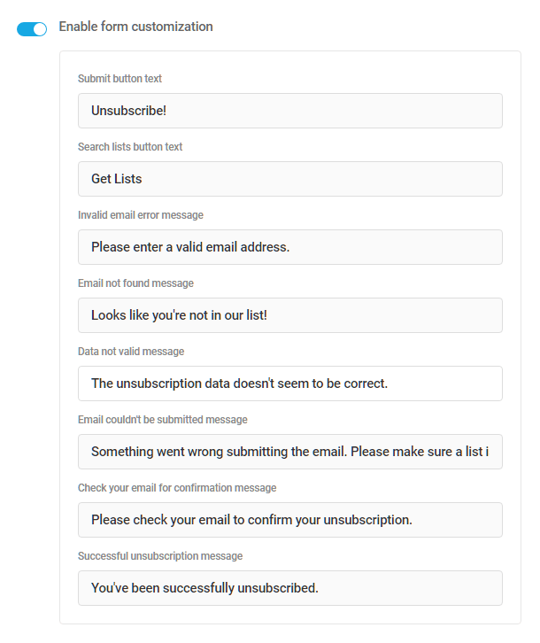 Customize the on-screen message in Hustle unsubscribe form