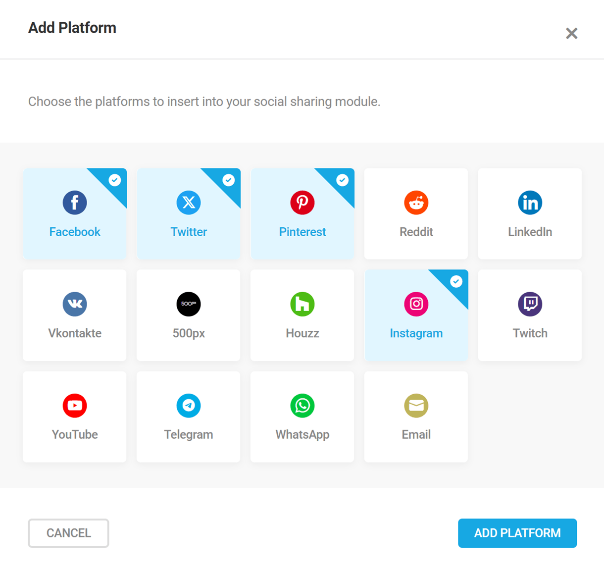 Available social platforms in Hustle social sharing module