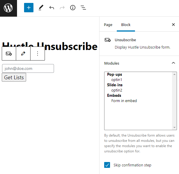 Unsubscribe options in Hustle Gutenberg block