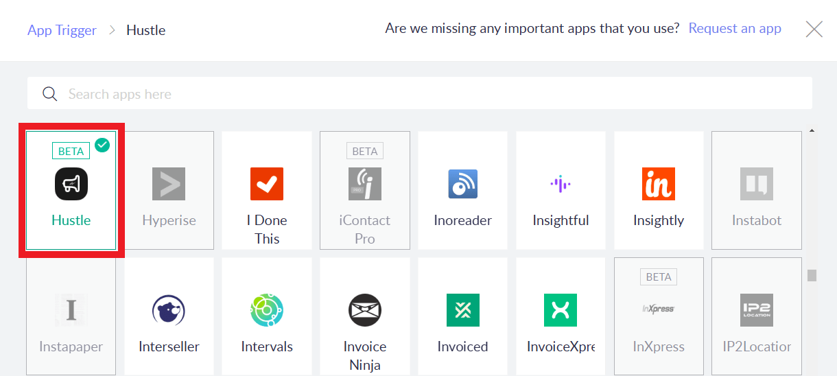 Select to use Hustle as the trigger in a Zoho flow