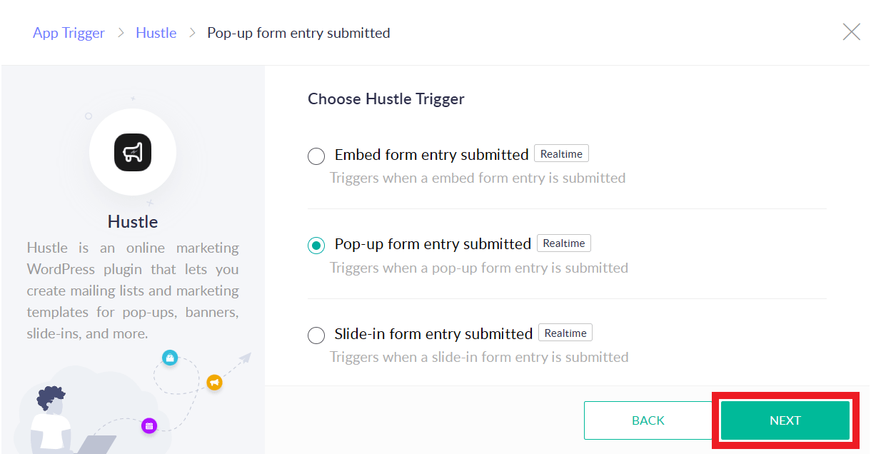 Select a Hustle embed, pop-up or slicde-in as the trigger in a Zoho flow