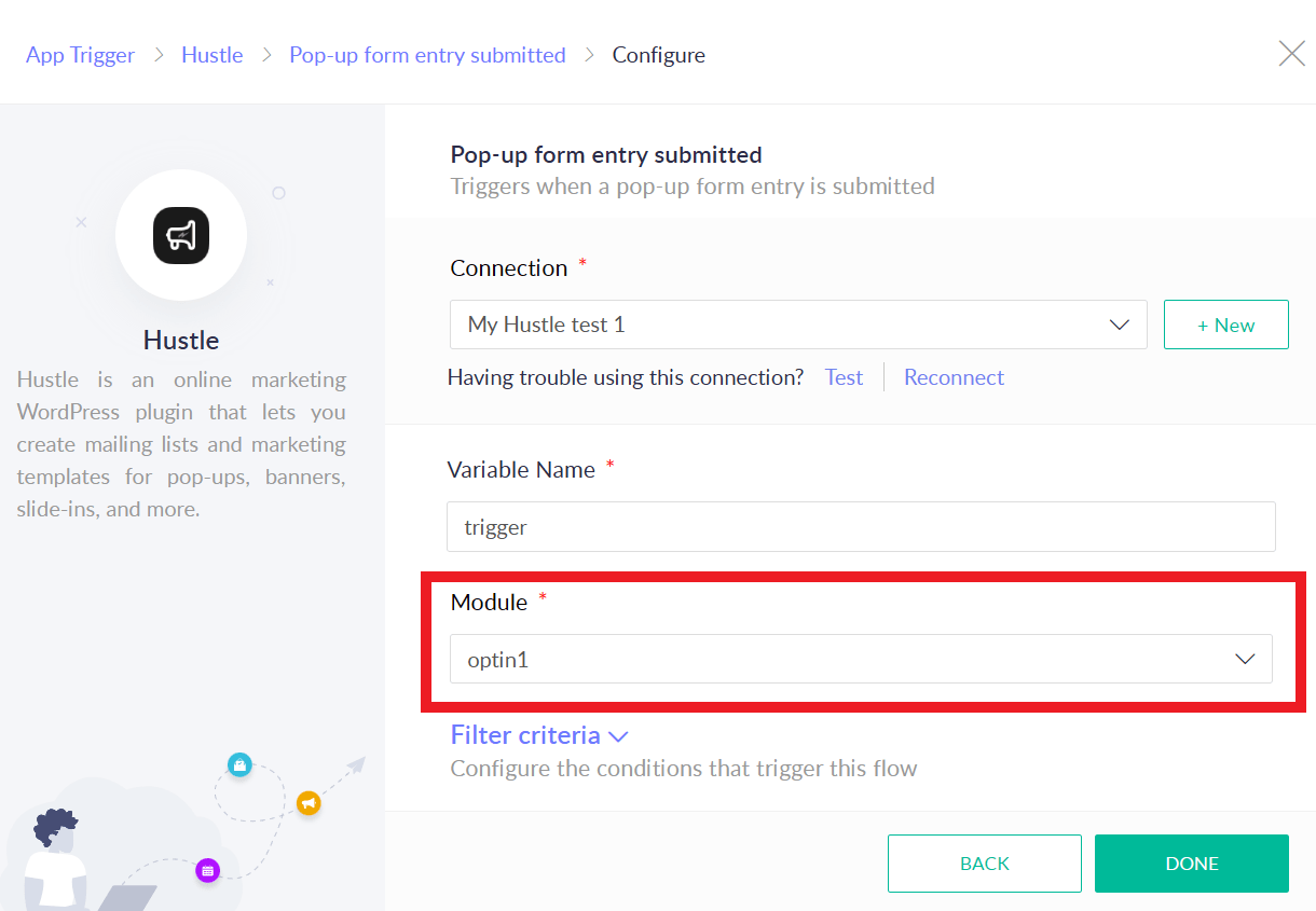 Select the embed, pop-up or slide-in as the trigger in a Zoho flow