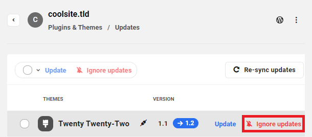 Allows the user to ignore or unignore updates to themes on a site.