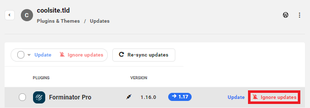 Allows the user to ignore or unignore updates to plugins on a site.