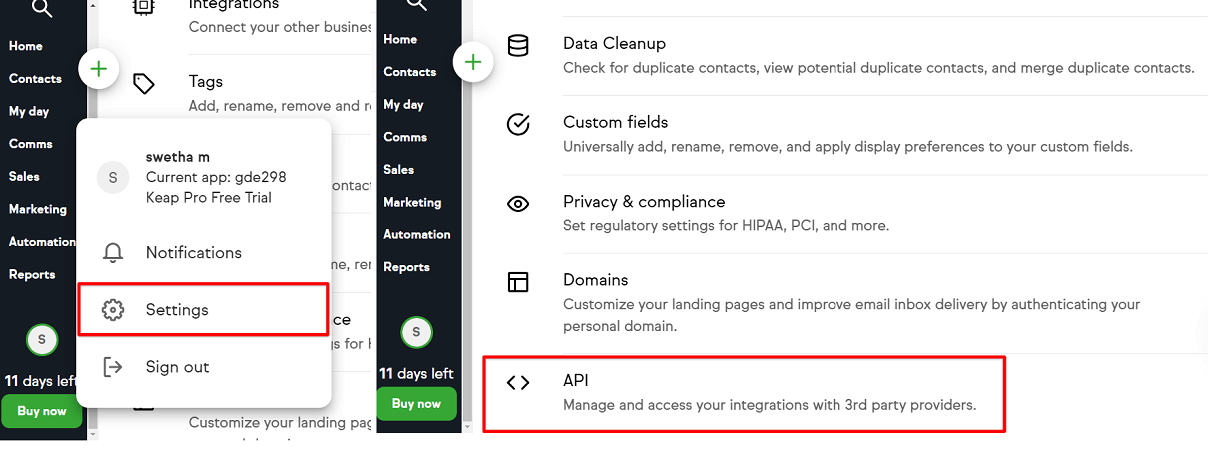 Keap API Settings
