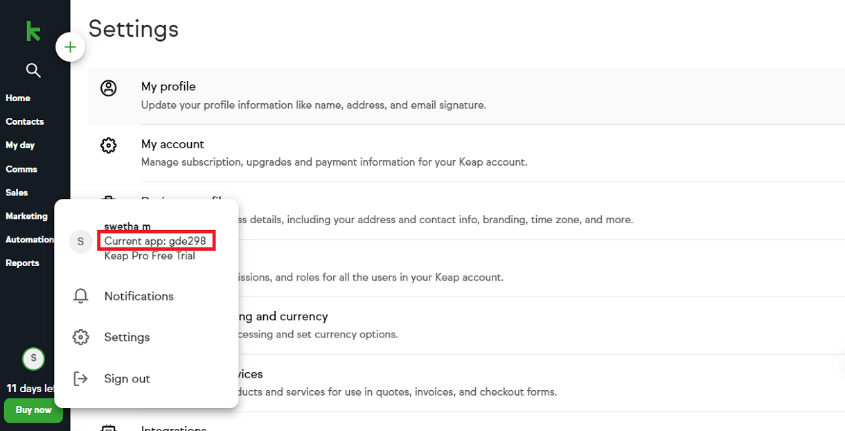 Keap Current App ID