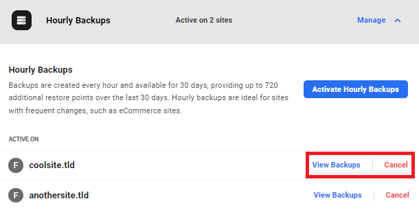 Active hourly backups for sites on the Hub