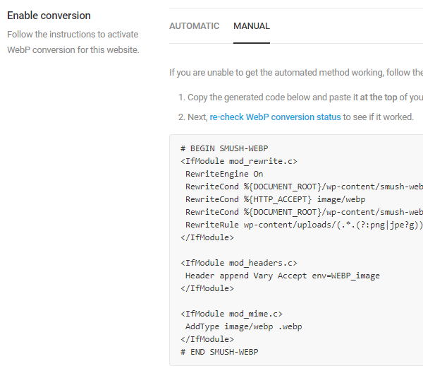 Screenshot of the configuration instructions within Smush.