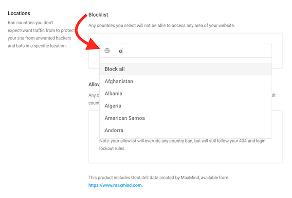 Defender - Locations - Drop-down menu of countries for blocklisting.