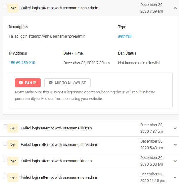 Screenshot showing a series of site login attempts over a period of around 8 hours.