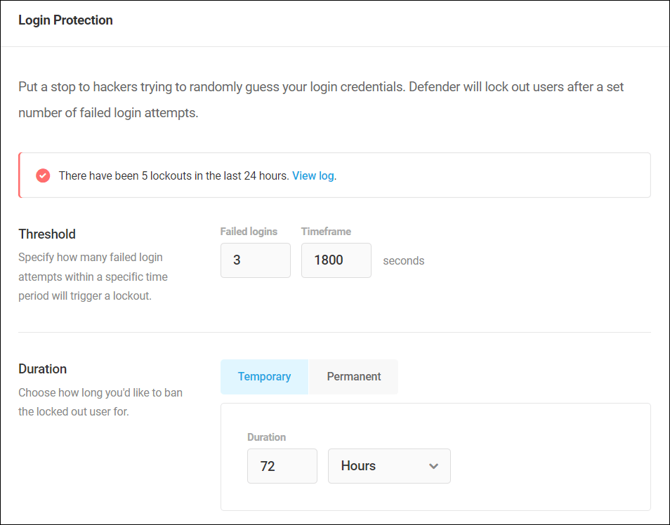 Defender Login Protection screen.