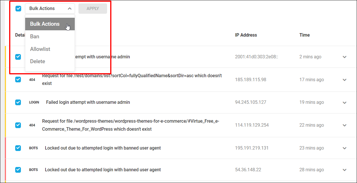 Defender - Firewall - Logs - Bulk options menu