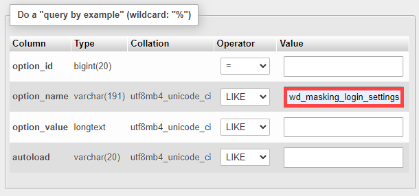 Looking up the "wd_masking_login_settings" option name