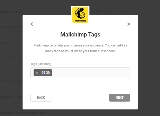 Selecting tags in MailChimp integration