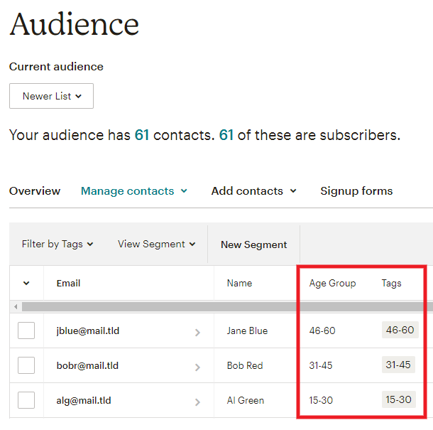 Groups and tags in MailChimp audience