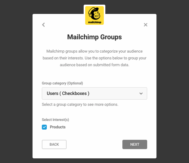 Select Mailchimp Groups in Forminator integration