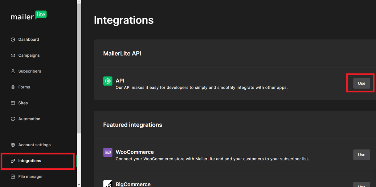 mailerlite integration section