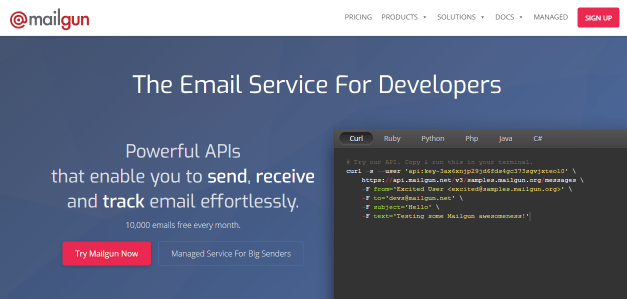 Screenshot of Mailgun homepage