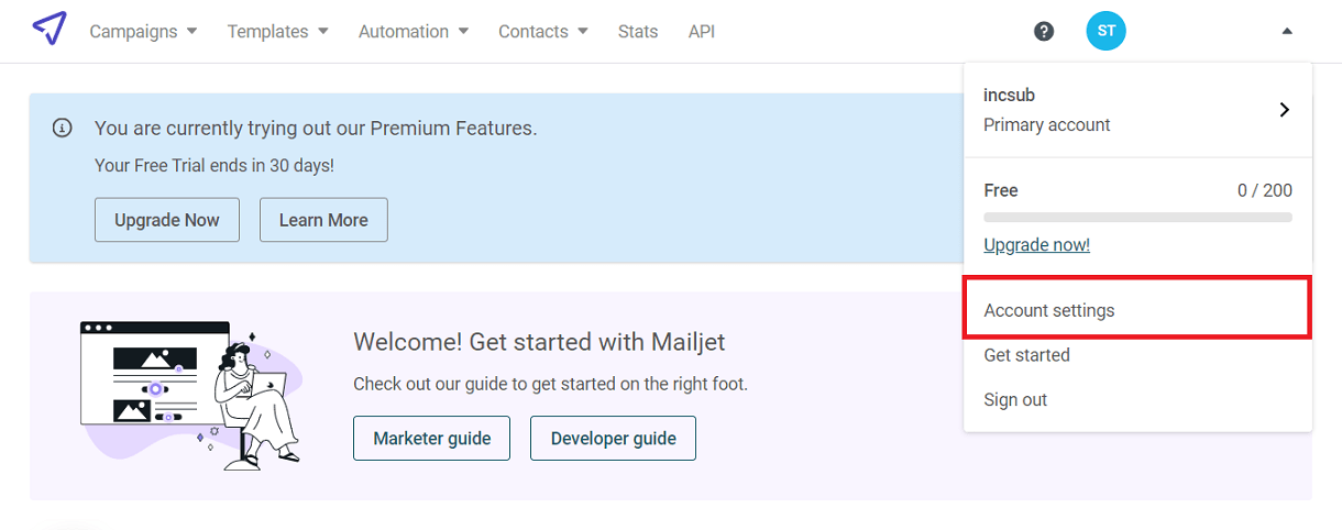 mailjet account settings