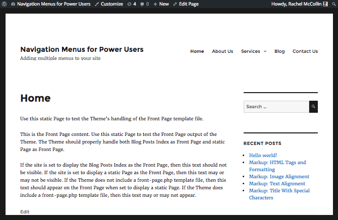 The main navigation on the front end of the site, in the header