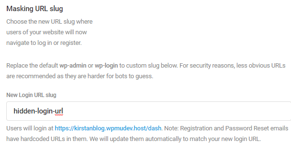 Screenshot of using the masking URL feature to change the URL to "hidden-login-URL"