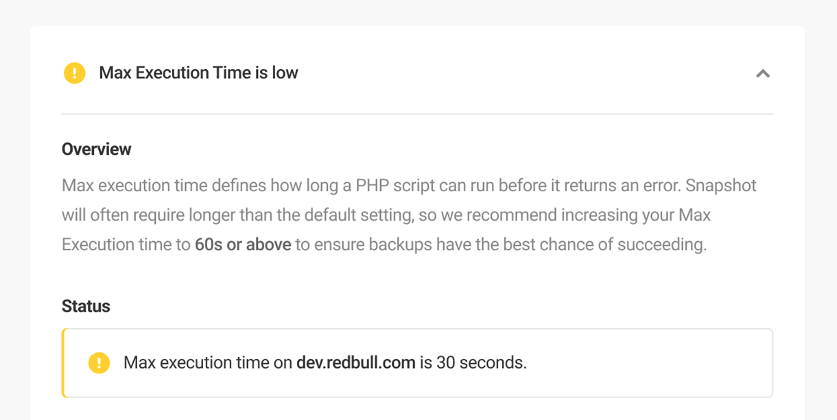 max memory execution time warning