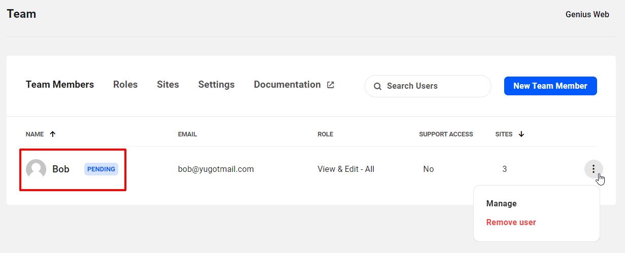The Hub - Team - New user- Pending status.