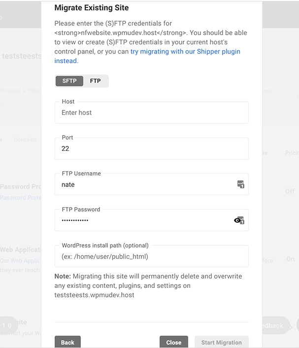 Where you’ll put your Username and Password for SFTP or FTP.