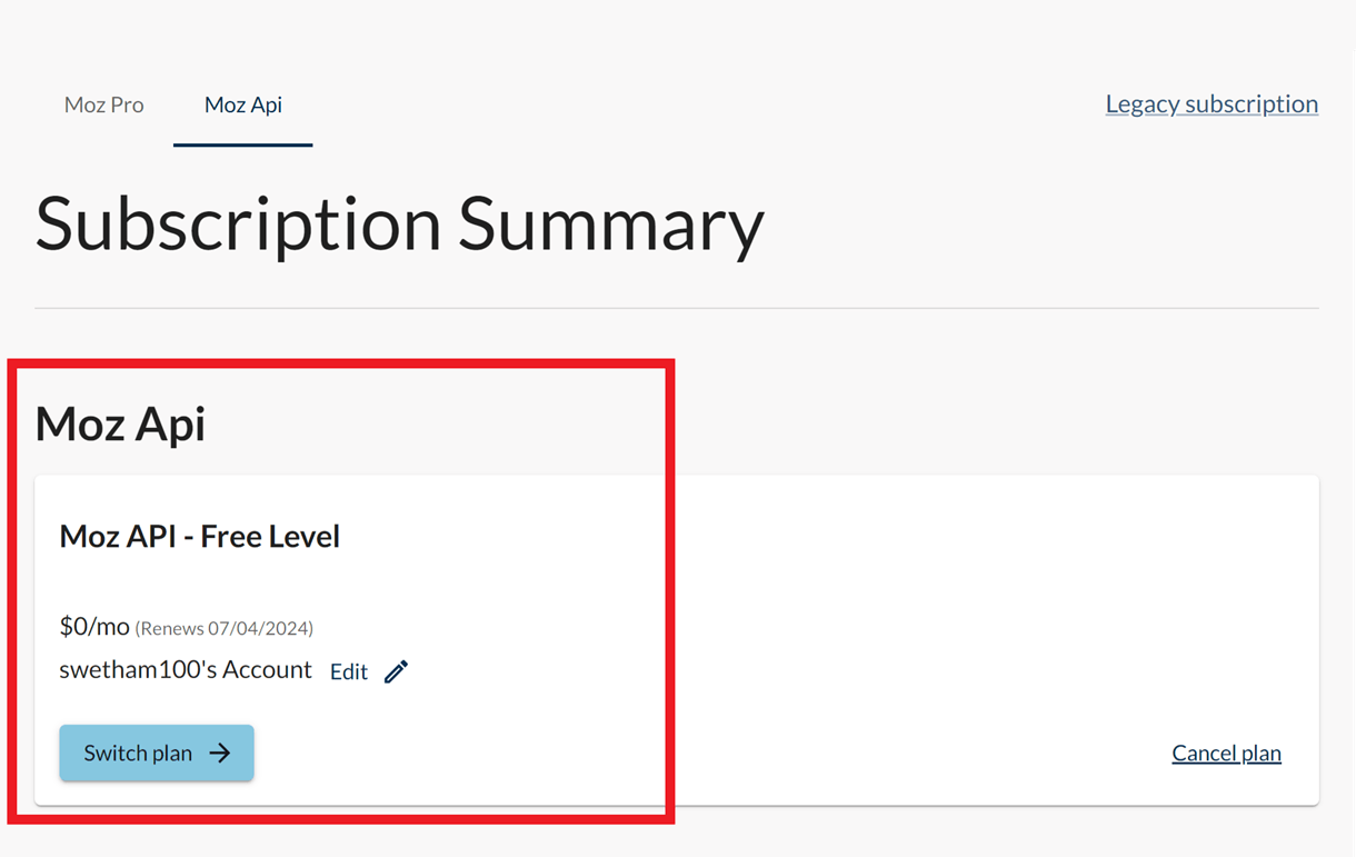 moz api subscription summary