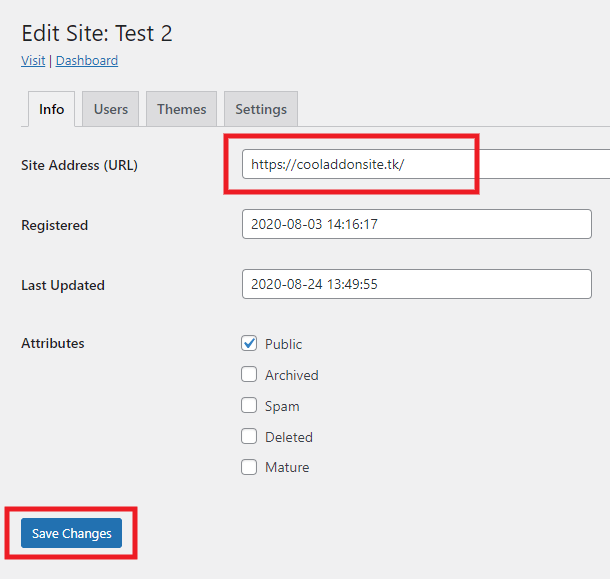 Edit Site Address in network admin
