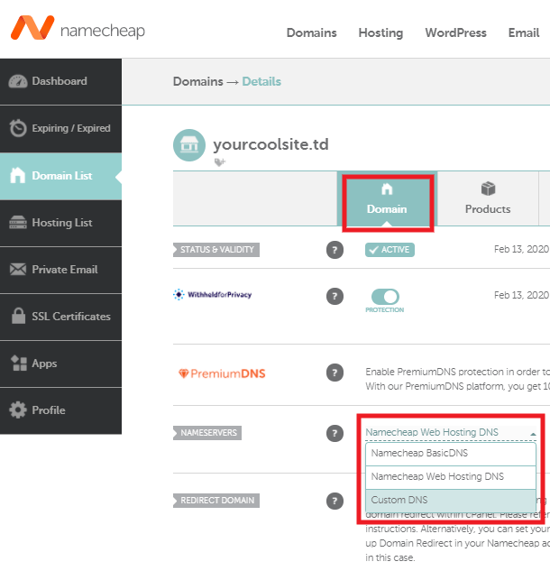 Change nameservers at Namecheap