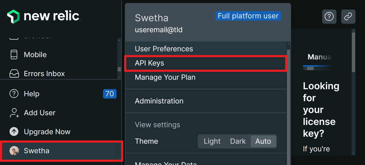 new relic api keys option