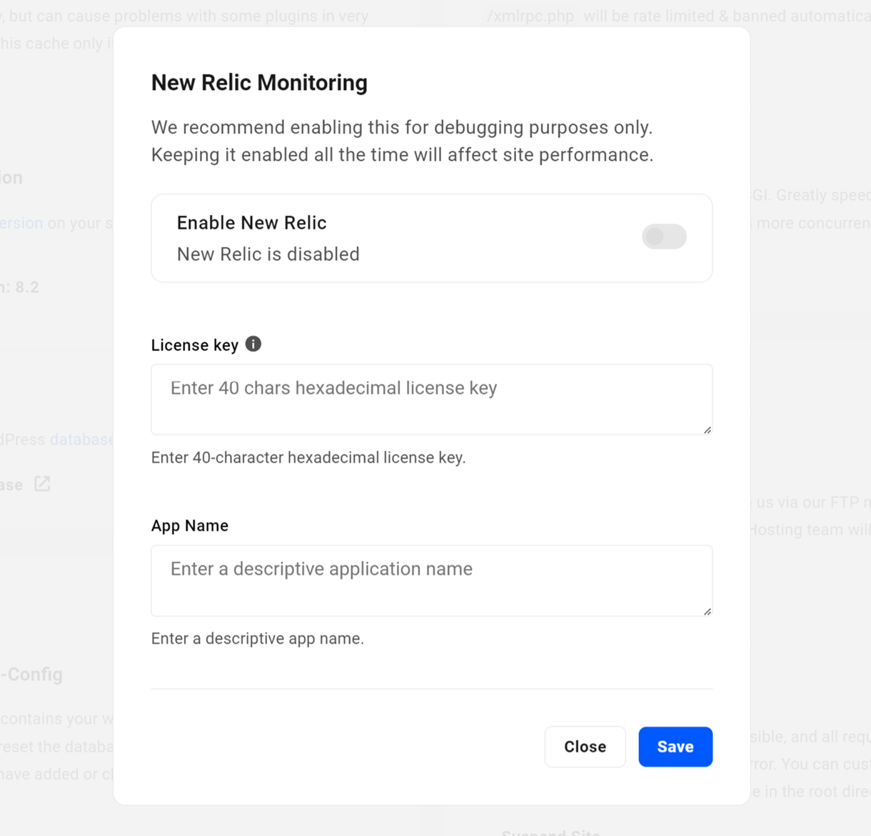 new relic monitoring modal