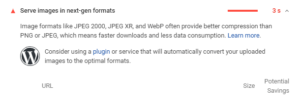 Google PageSpeed next-gen image metric