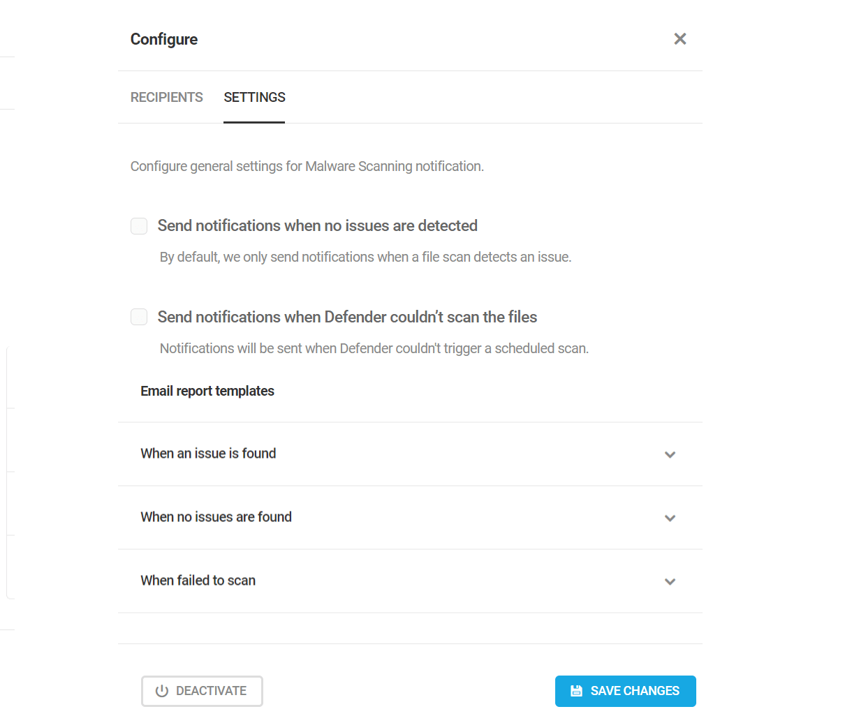 security recommendations notifications settings