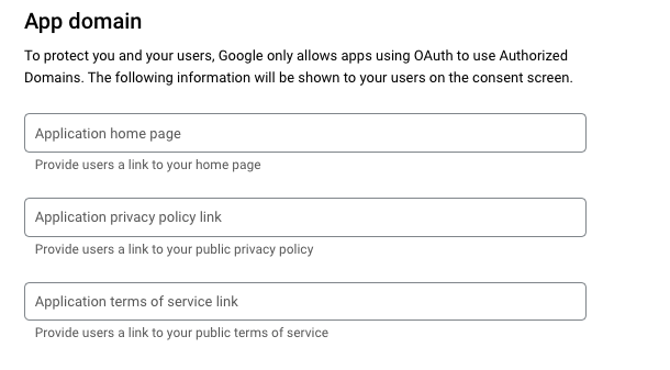 Google OAuth screen app domain section