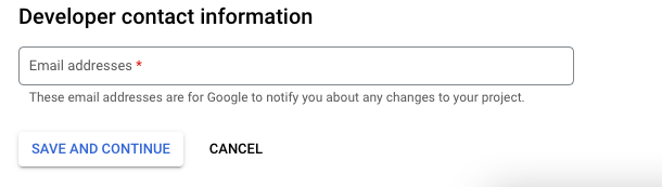 Google OAuth screen Developer contact information section
