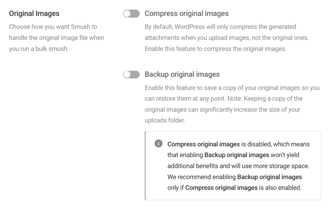 Screenshot of the settings for smushing original images.