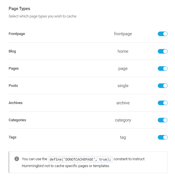 Select page types to be cached