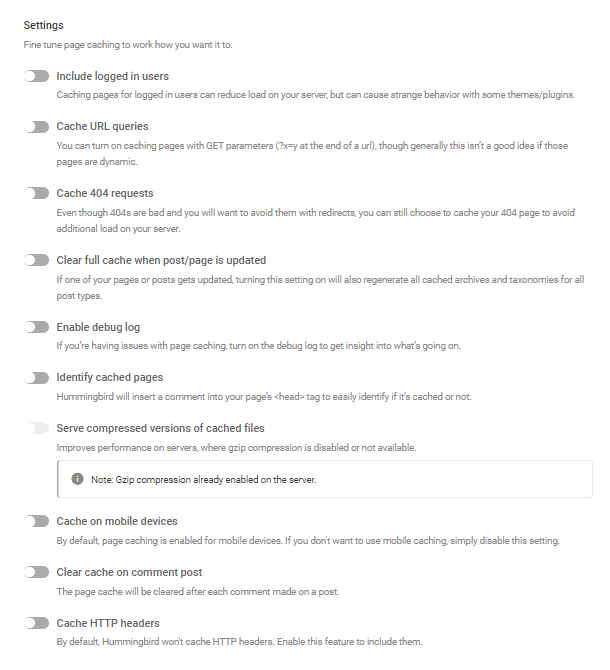 Page Cache optional settings