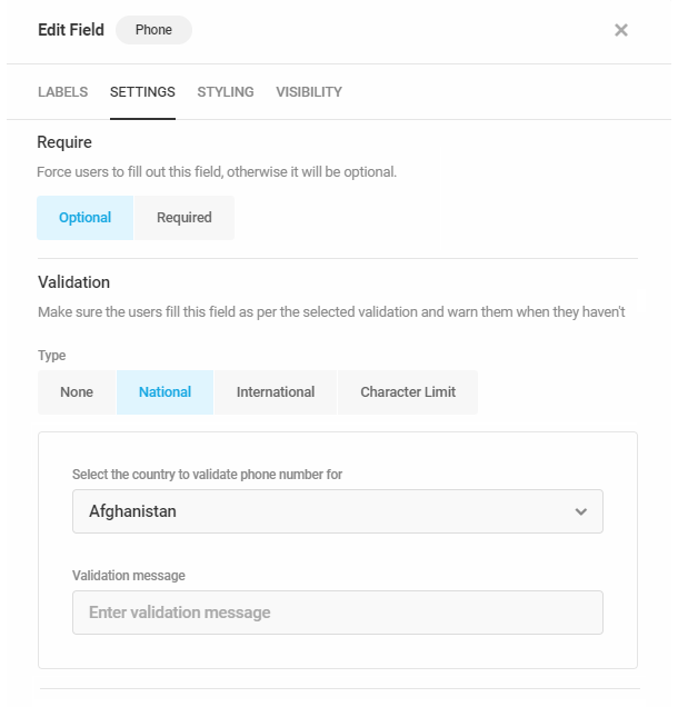 phone field settings