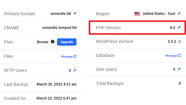 PHP version on the Hosting Overview Dashboard