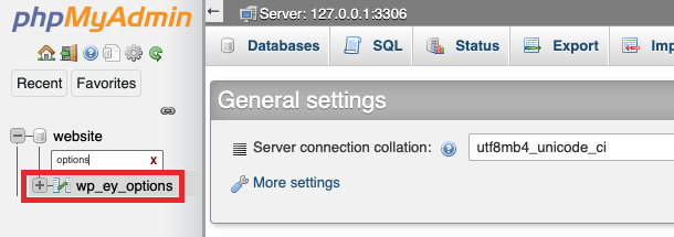 Select the options table in phpMyAdmin