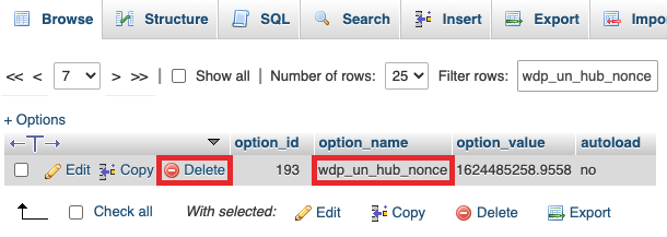 Delete the nonce in phpMyAdmin