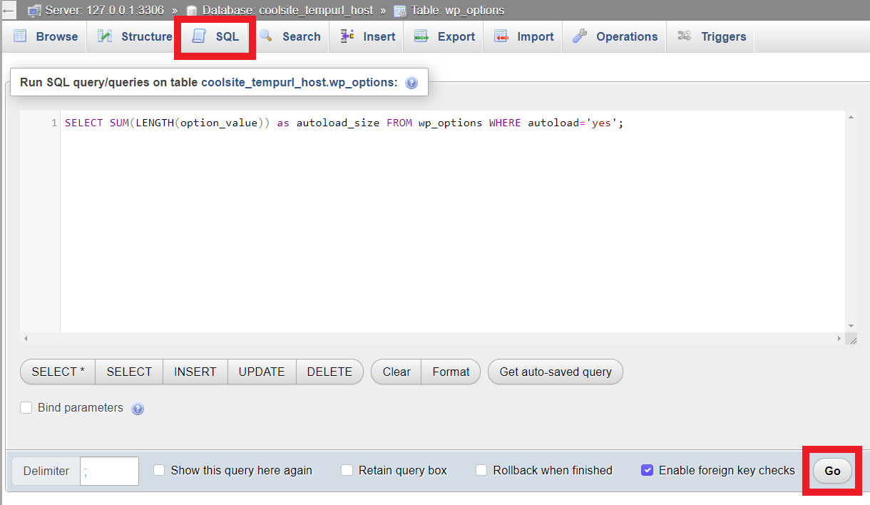 Query autoload size in phpMyAdmin
