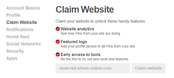 Claim your site at Pinterest