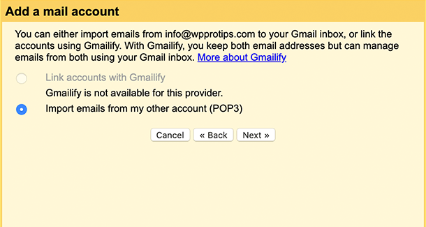 Select POP email account gmail