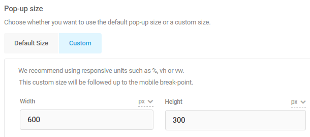 pop-up custom size