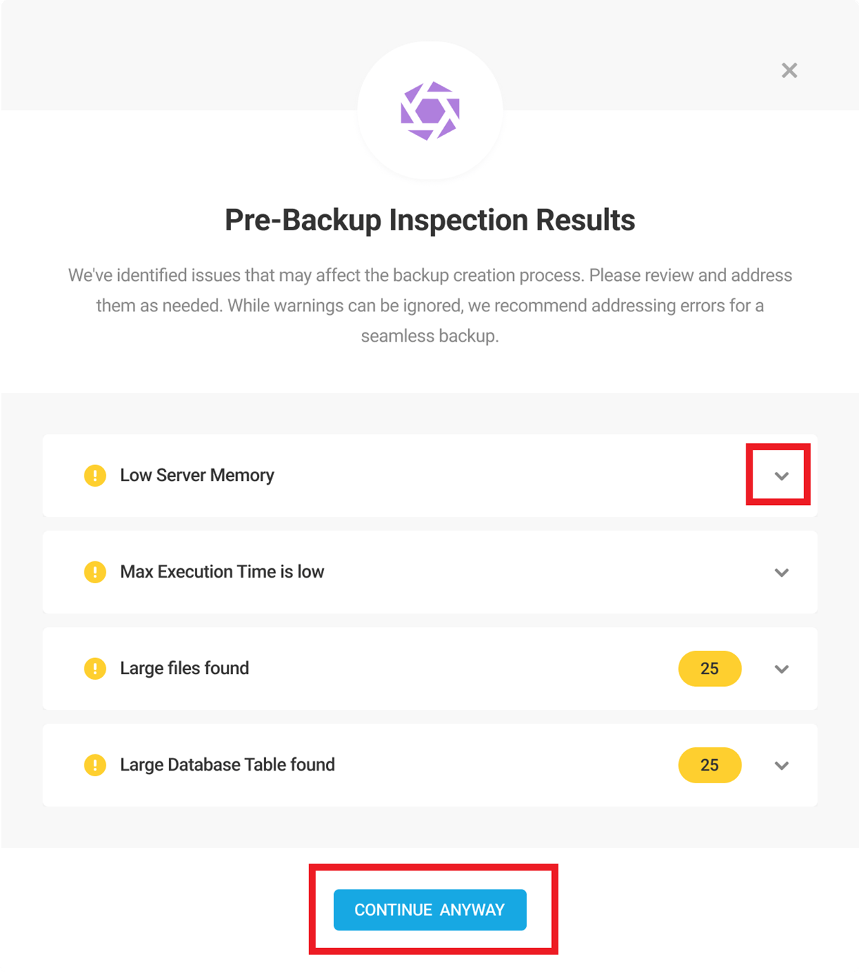 prebackup inspection warnings